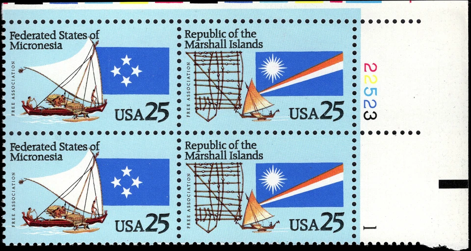 US Scott # 2507a, Micronesia & Marshall, Plate Block of (4) 1990 25¢ Stamps, MNH - Image 1 of 1