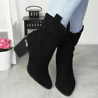 Cowboy Boots Mid Calf Shoes Ladies Zip High Heel Western Faux Suede Womens Sizes