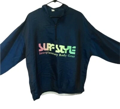 Vintage 80s SURF STYLE Pullover Nylon Jacket ONE SIZE Iridescent Blue Neon Logo - Image 1 of 4