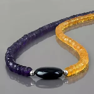 Handcrafted Natural Amethyst & Citrine Beads Chain 925 Silver Strand Necklace - Picture 1 of 5