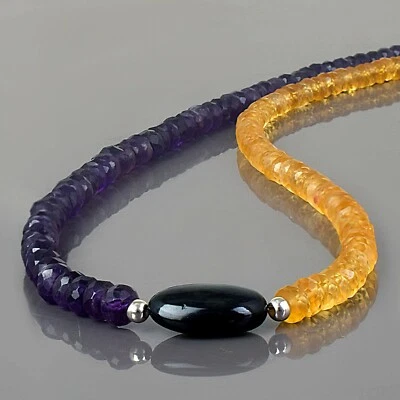 Collana In Argento 925 Con Catena Di Perle Di Ametista E Citrino Fatta A Mano - Immagine 1 di 4
