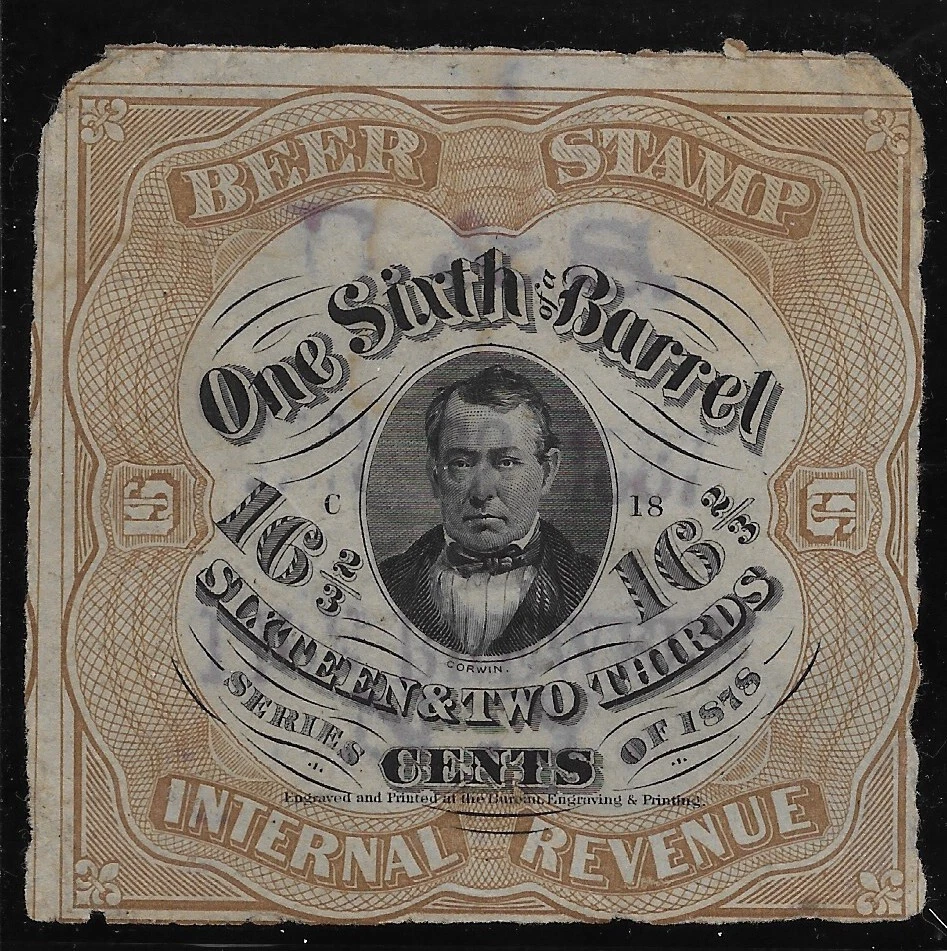 US Scott REA38C, 1878, Revenue Beer Stamp, Brown, 1/6 BBL, 16 2/3 Cent, HS, G/VG - Image 1 of 1