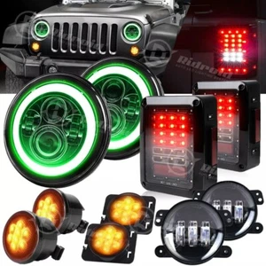 for Jeep Wrangler JK Green Halo 7" LED Headlights & Fog Turn Fender Tail Lights - Picture 1 of 20