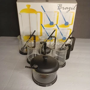Bodum Brazil Glass Coffee 5 mug BLACK Sugar Dish Spoon Espresso Piccard Set Rare - Picture 1 of 10