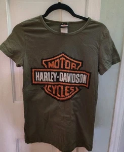 Harley Davidson Las Vegas Army Green Rhinestone Shirt Women's Medium Flaw - Picture 1 of 7