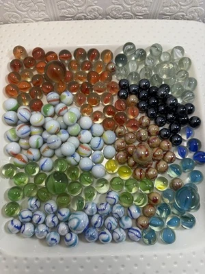 VINTAGE GLASS MARBLES LOT OF 220+ ASSORTED SWIRLS CAT’S EYE MIXED - Image 1 of 4