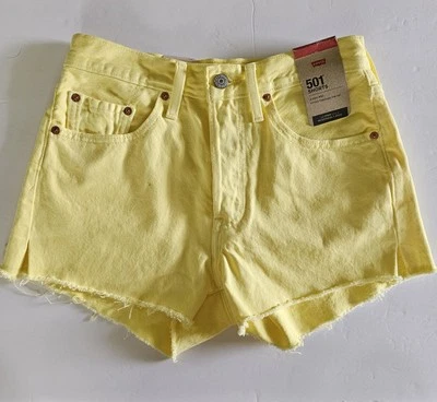 NUEVO Pantalones Cortos Levi's Para Mujer 501 Botón Mosca Algodón Tiro Alto Denim Amarillo Talla 26 Foto 1 de 4