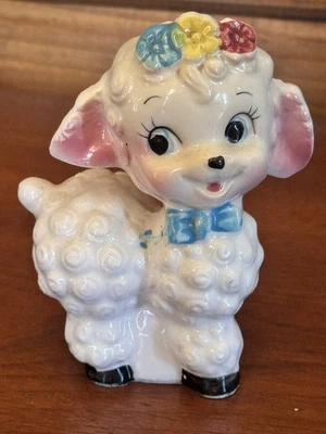Vintage Anthropomorphic Big Eyed Baby Lamb Sheep Figurine 1950s Japan 4.25" tall - Image 1 of 4