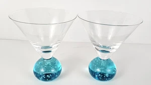 2 Martini  Glass Blue Controlled Bubble Ball Base Stem Cosmo Drink - Picture 1 of 7