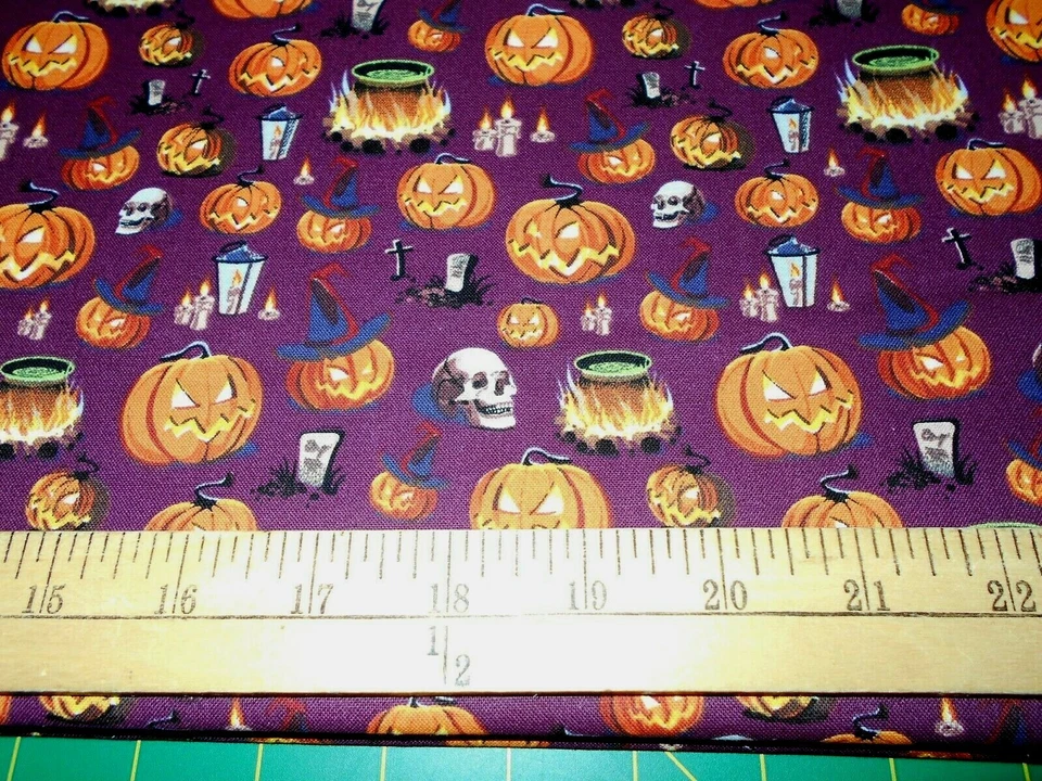 33" Pumpkins, Skulls & Cauldrons on Purple Halloween Fabric - Image 1 of 1