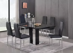 Dining Table Set Black Glass and High Gloss Rectangle 6 Faux Leather Chairs - Picture 1 of 42