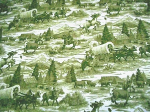 Western Fabric By Half-Yard Cowboy Wagon Horse Scene Green White Toile Cotton - Picture 1 of 2