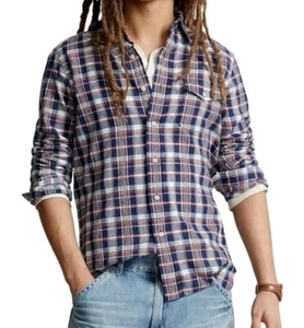 Polo Ralph Lauren Classic Fit Indigo Bleeding Madras Plaid LS Shirt Men Sz Large - Picture 1 of 4