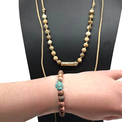 Conjunto de dois cintos da moda colar envoltório de pedra jaspe e pulseira elástica tartaruga - Imagem 1 de 4