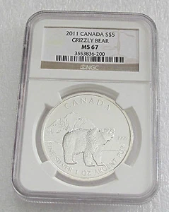 2011 CANADA SILVER 5 DOLLARS,  MAPLE LEAF, GRIZZLY BEAR NGC MS67 GEM - Picture 1 of 3