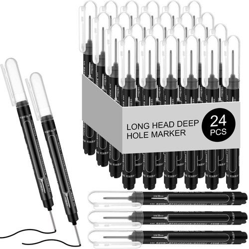 MotiMind 72 Pcs Deep Hole Marker Set - Long Nib Waterproof Markers For Woodworking, Construction & DIY (Black)