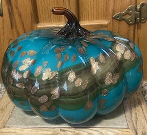 Hand Blown Art Glass Fall Harvest Iridescent Teal Pumpkin With Gold Spots Large - Picture 1 of 9