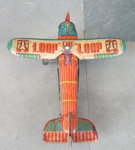Giocattolo di latta vintage Loop The Loop 123 Wind Up aereo litografico, Giappone - Foto 1 di 11
