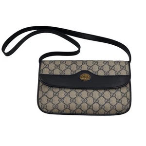 Vintage Gucci GG Monogram Shoulder Bag Navy Leather Trim | Unused 1970s - Picture 1 of 15