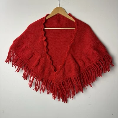 De Colección Crochet Tejido Chal Bufanda Envoltura Rojo Flecos Boho Festival Romántico Hada Años 70 Foto 1 de 4