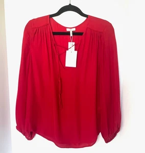 Joie Odelette Silk Blouse Womens Medium Red Tassel Ties V Neck Lightweight - Picture 1 of 10