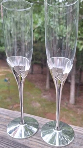 Lenox Toasting Silver Champagne Flutes True Love 2 Piece Set Wedding Glasses - Picture 1 of 9