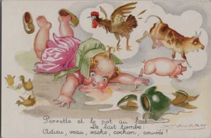 POSTAL FIRMADA POR ARTISTA MAUZAN-NIÑA CAÍDAS DERRAMES JARRA DE LECHERÍA-GRANJA ANIMALES DISPERSOS - Imagen 1 de 2