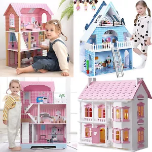 Wooden Kids 3 Storey Doll House With Furniture Accessories Mansion Playhouse Toy - Picture 1 of 59