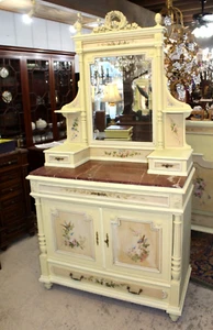 French Louis XVI Painted Dresser | Marble Top Vanity with Mirror & Floral Art - Picture 1 of 3
