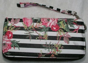Wallet Clutch Purse Wristlet Style New Roses Stripe Zip Top Inner Pockets Vegan - Picture 1 of 11