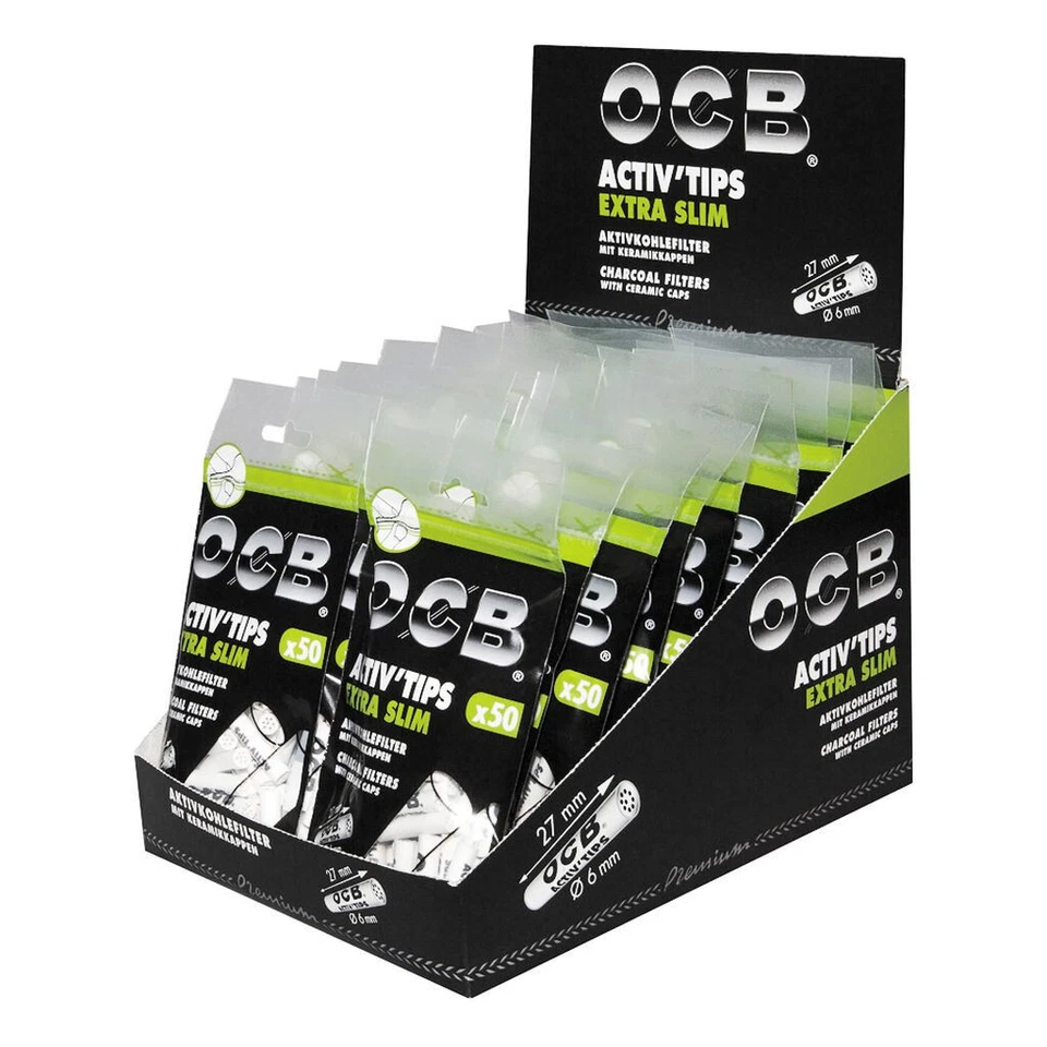 OCB ACTIV'TIPS EXTRA SLIM, 6 MM CARBON FILTERS  CERAMIC CAPS, FULL BOX - Image 1 of 2