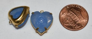 VINTAGE 2 CARRIBBEAN BLUE OPAL COLOR GLASS SCARAB HEARTS BEAD PENDANTS in BRASS - Picture 1 of 2