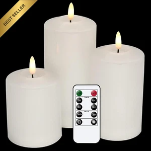 3-Pack White Real Wax 3D Wick Flameless Flickering LED Pillar Candles Remote Tim - Picture 1 of 12