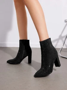 Women Pointed Toe Short Boots Chunky Heel Ankle Booties Sparkling for Weeding - Picture 1 of 16