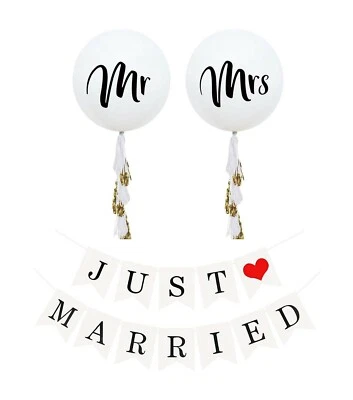 Just Married Banner & Wedding Balloons Jumbo Mr & Mrs Balloon Set Tassel Garland - Image 1 of 4