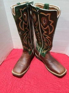 Twisted X Leather Brown/Green Tall Leather Sq Toe Boots YBK0005 Boys 4.5 W/7.5 - Picture 1 of 13