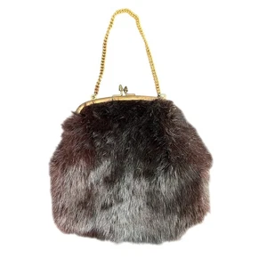 Reddish Brown Fur Handbag- gold hardwear, some patina- vintage kisslock clasp - Picture 1 of 5