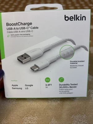 NEW! Original White Belkin Boost Charge Braided USB-A to USB-C Cable 3.3ft/1M - Image 1 of 4