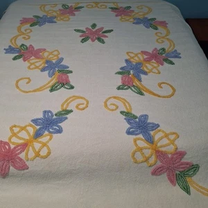 Vintage Chenille Queen Größe Tagesdecke 87" x 101" weiß bunt Blumenmuster - Bild 1 von 16