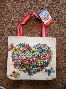 Brighton 2018 Love Tweet Large Canvas Tote Bag Bird Butterfly Flowers Hearts NWT - Picture 1 of 5