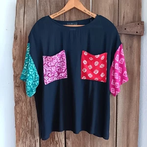 Top de Colección Años 80 Carole Mujer Negro Rayón Gasa Manga Corta Boho Batik Talla 6 *A - Imagen 1 de 6