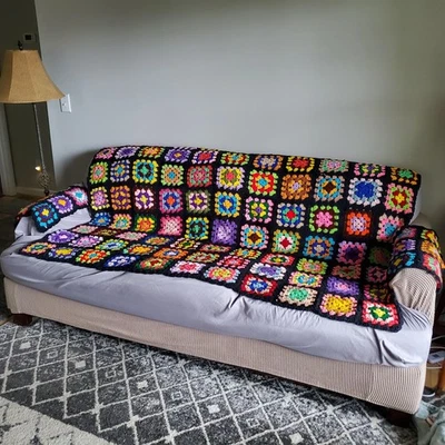 Handmade Crochet Afghan Throw Blanket Granny Squares Colorful 52x72 2 Panels - Image 1 of 4
