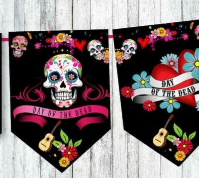 Halloween Día de los Muertos Calaveras de Azúcar Fiesta Bunting Decoración y Cinta  Foto 1 de 3