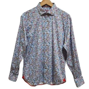 Visconti Black Shirt Mens L 100% Cotton Blue Abstract Scroll Button Long Sleeve - Picture 1 of 13