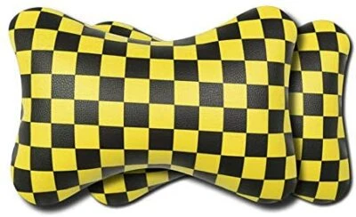 Checkered Flag Leather Yellow Car Seat Neck Pillow Foam Headrest Travel Cushion - Image 1 of 4