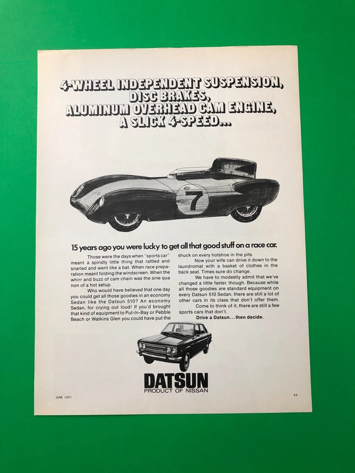 1971 DATSUN 510 VINTAGE ORIGINAL PRINT AD ADVERTISEMENT PRINTED - Image 1 of 1