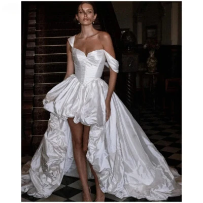 White Spaghetti Strap Strapless Wedding Dresses Taffeta Trailing Backless Gowns - Image 1 of 4
