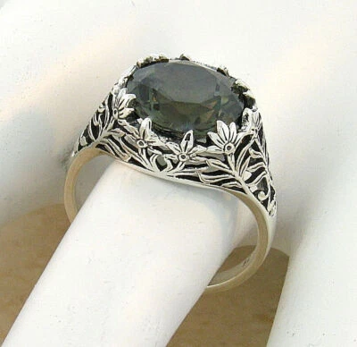VICTORIAN STYLE 925 SILVER 5 Ct SIMULATED GREEN TOURMALINE FILIGREE RING    #531 - Image 1 of 4