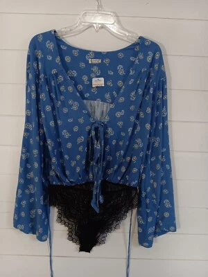Body Free People Mujer Cuello en V Estampado Floral Manga Larga Campana Azul Talla Pequeña Foto 1 de 4