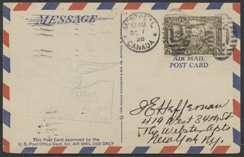 1928 AAMC #2847 Montreal to Albany Flight, Air Mail Map Post Card to New York Cover